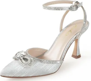 Ankis Women's Rhinestone Bow Heels Closed Toe Pumps Strappy Heels for Women