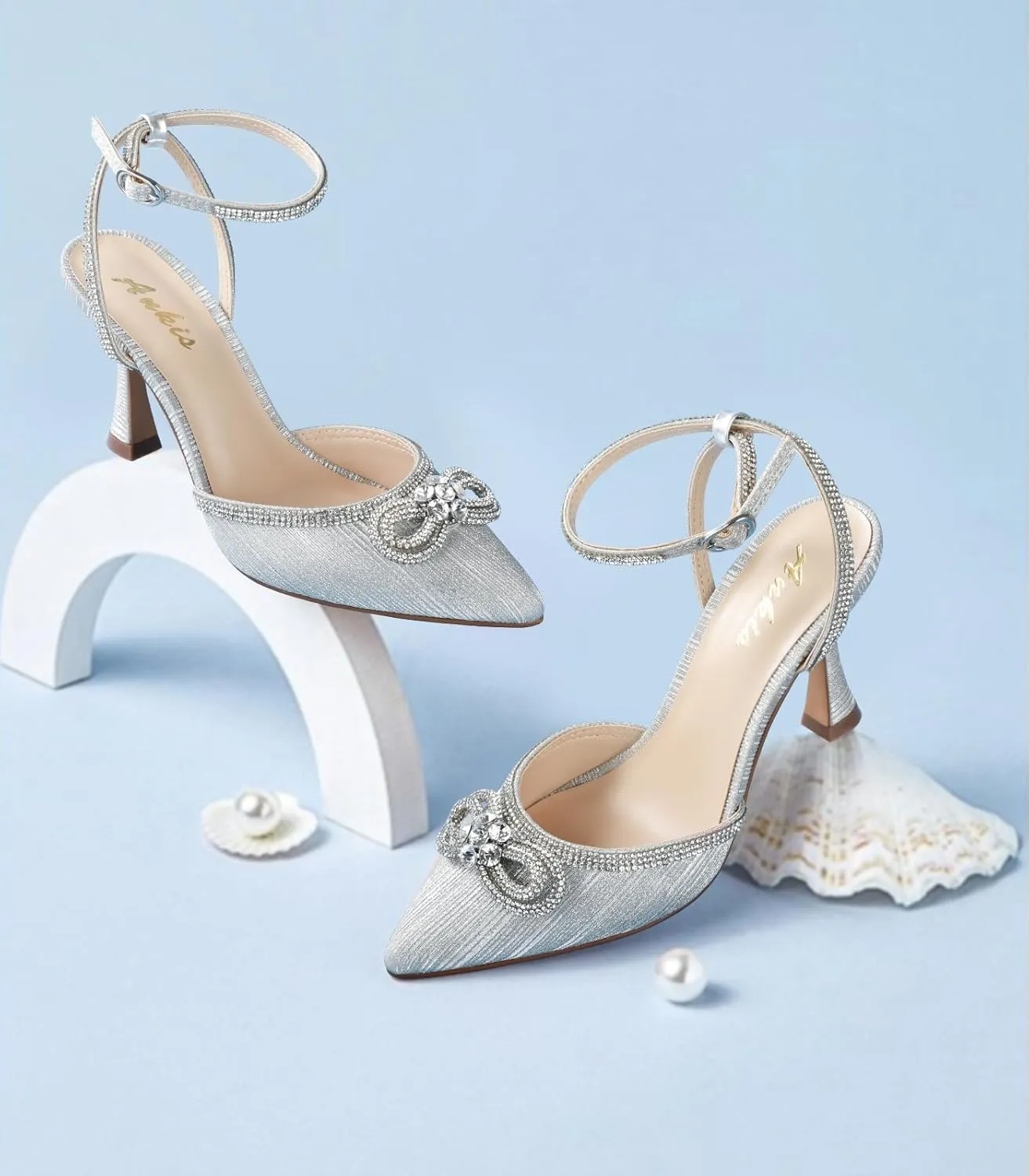 Ankis Women's Rhinestone Bow Heels Closed Toe Pumps Strappy Heels for Women