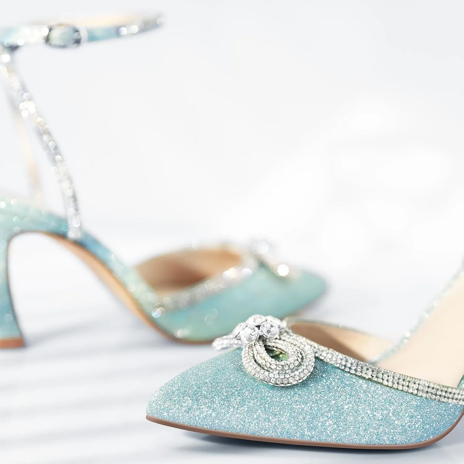 Ankis Women's Rhinestone Bow Heels Closed Toe Pumps Strappy Heels for Women