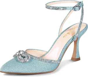 Ankis Women's Rhinestone Bow Heels Closed Toe Pumps Strappy Heels for Women