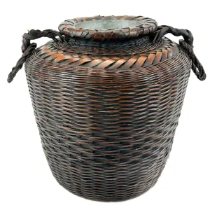 Antique Japanese Ikebana Basket w/ Metal Water Container 11"