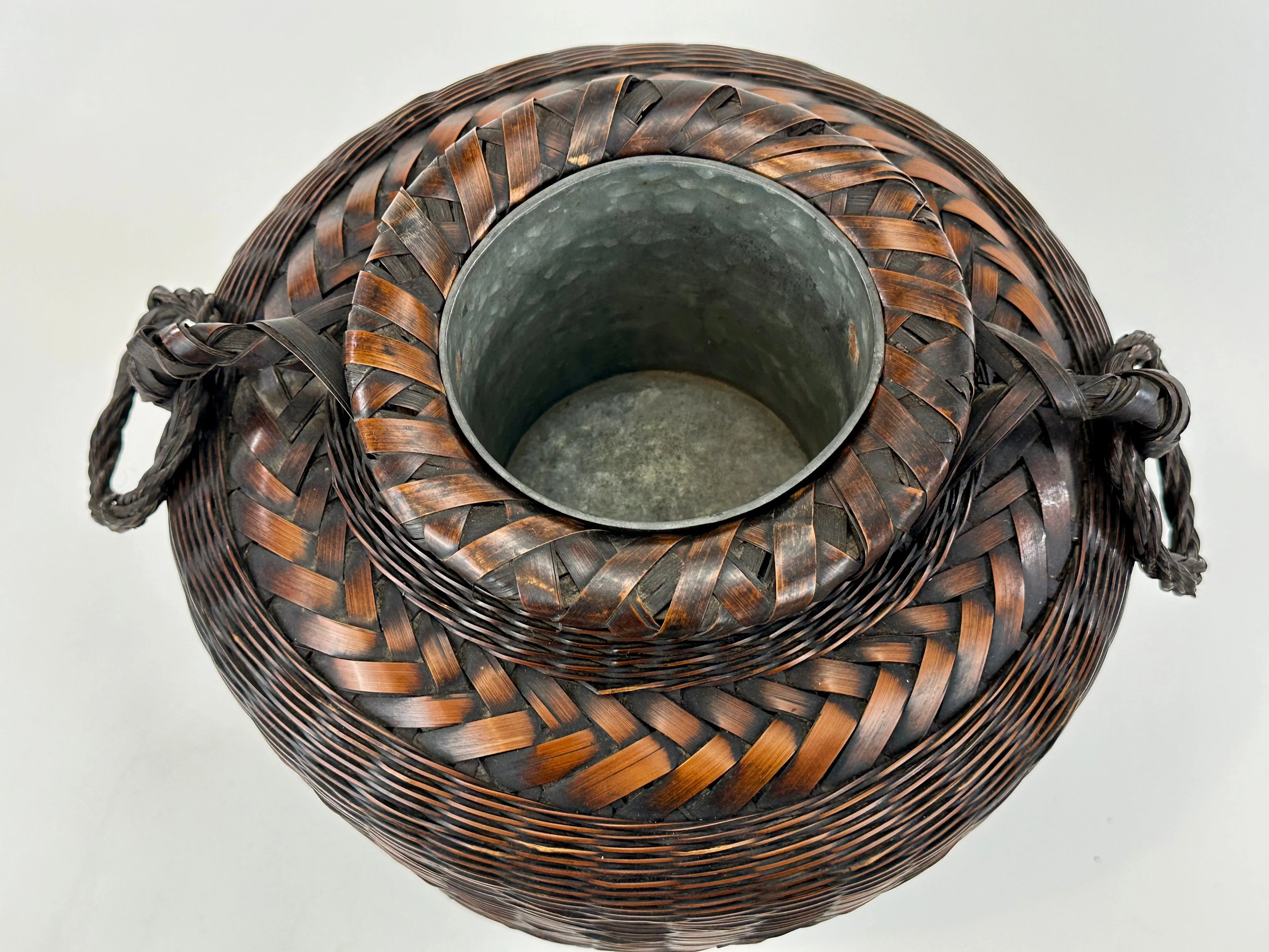 Antique Japanese Ikebana Basket w/ Metal Water Container 11"