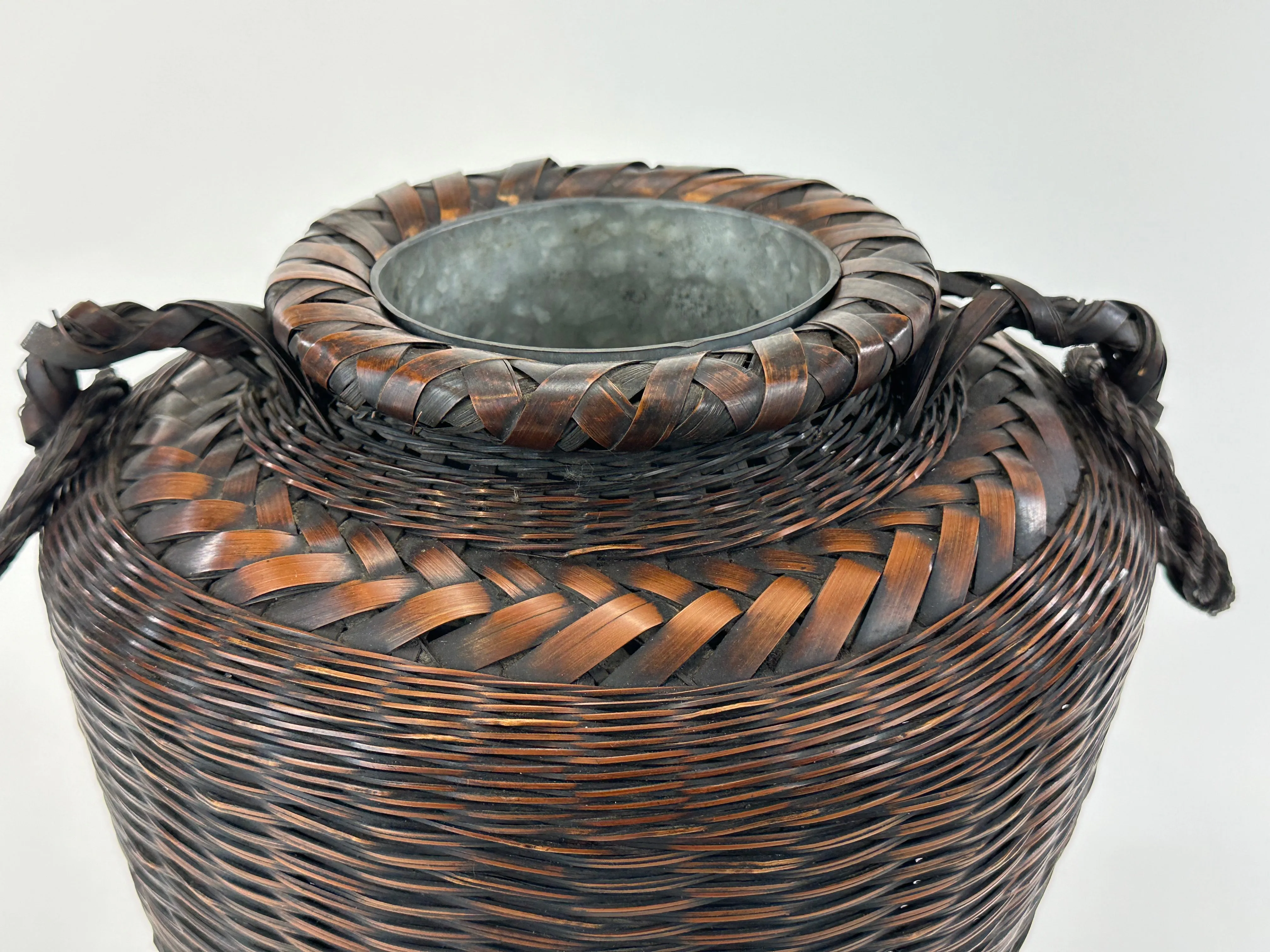 Antique Japanese Ikebana Basket w/ Metal Water Container 11"