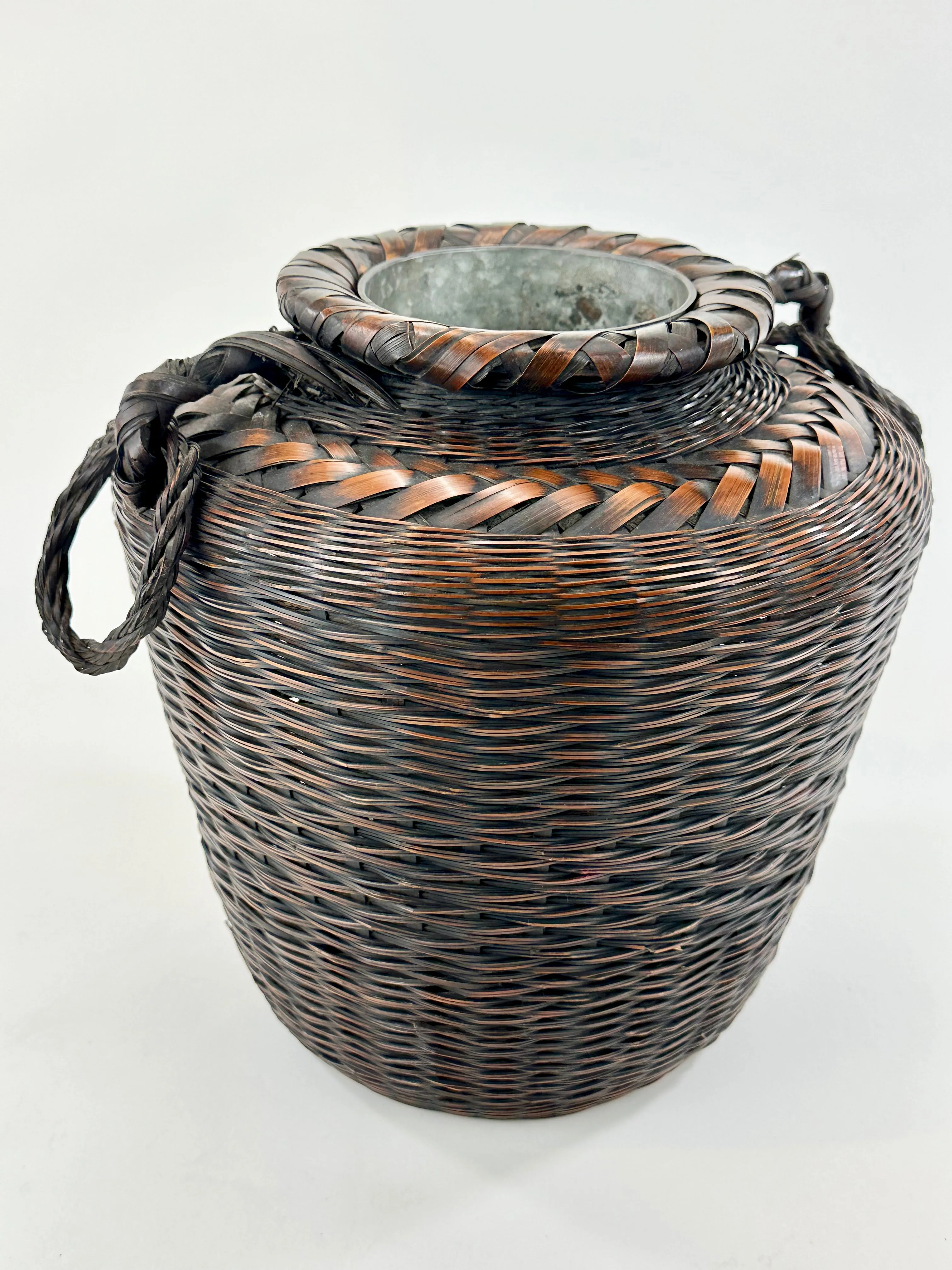 Antique Japanese Ikebana Basket w/ Metal Water Container 11"