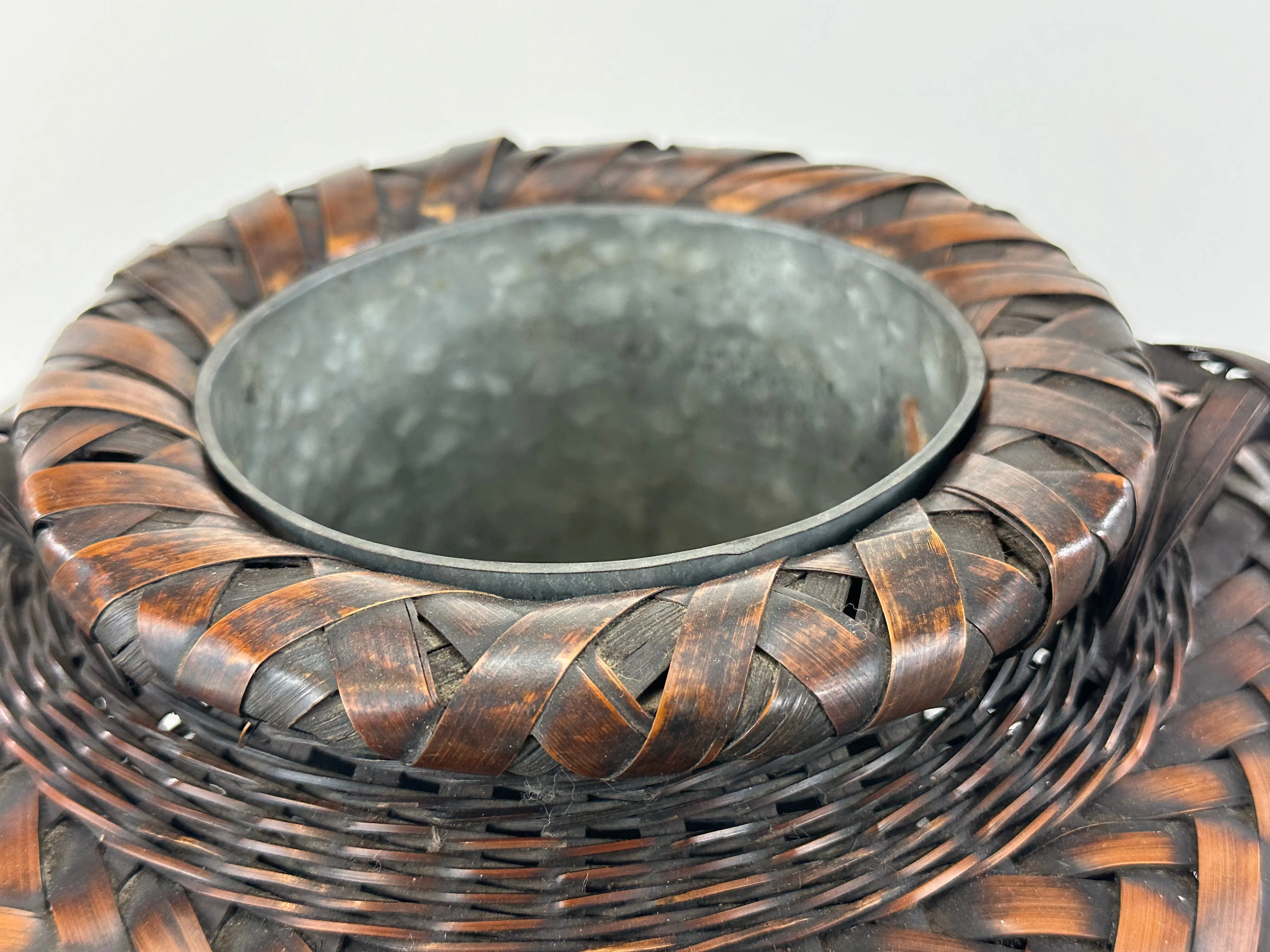 Antique Japanese Ikebana Basket w/ Metal Water Container 11"