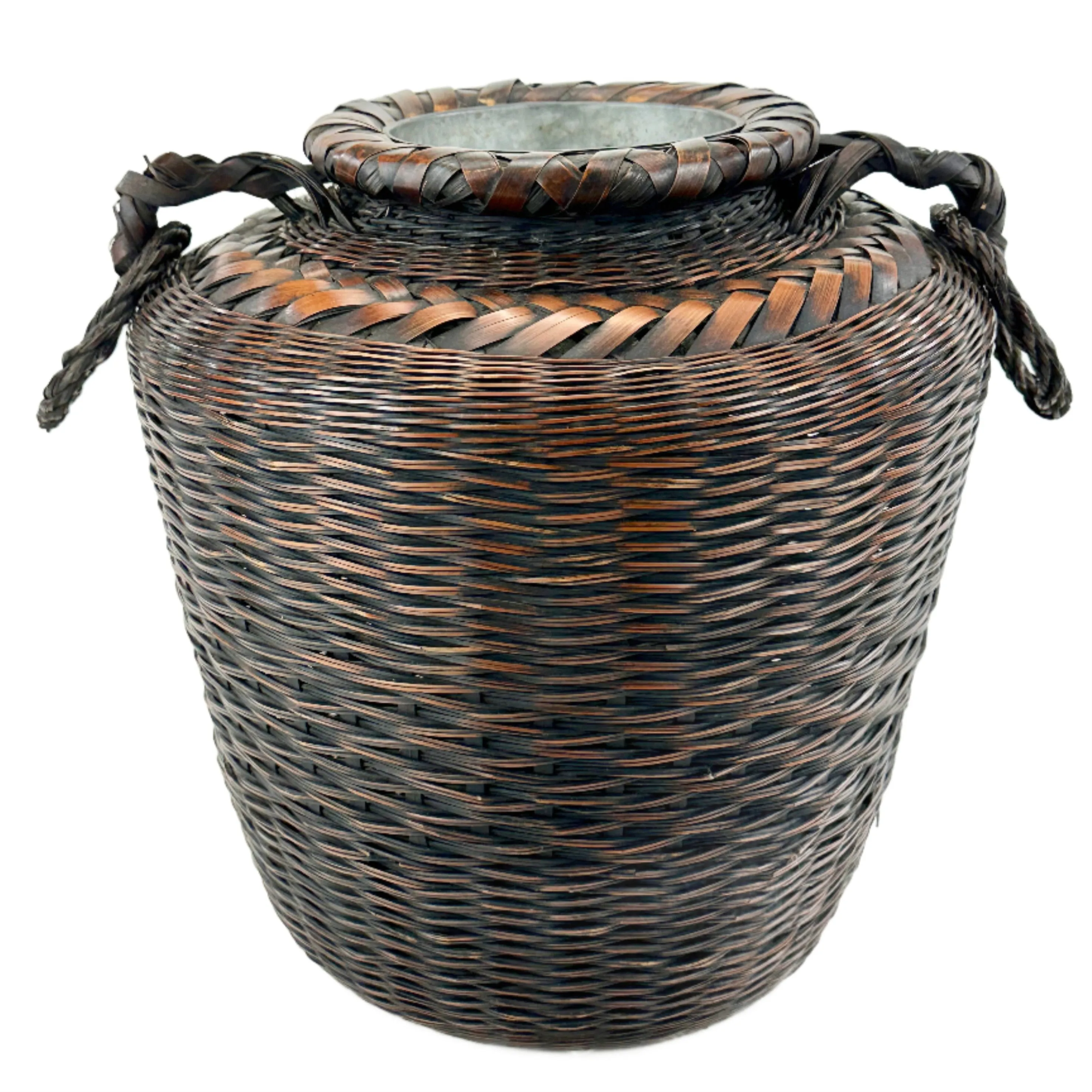 Antique Japanese Ikebana Basket w/ Metal Water Container 11"