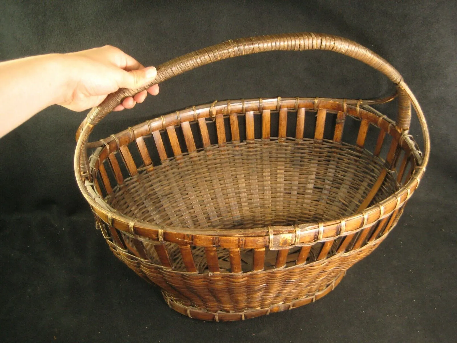 Antique Japanese Taisho (C1920) Hand Made Bamboo Basket Kago With Handle
