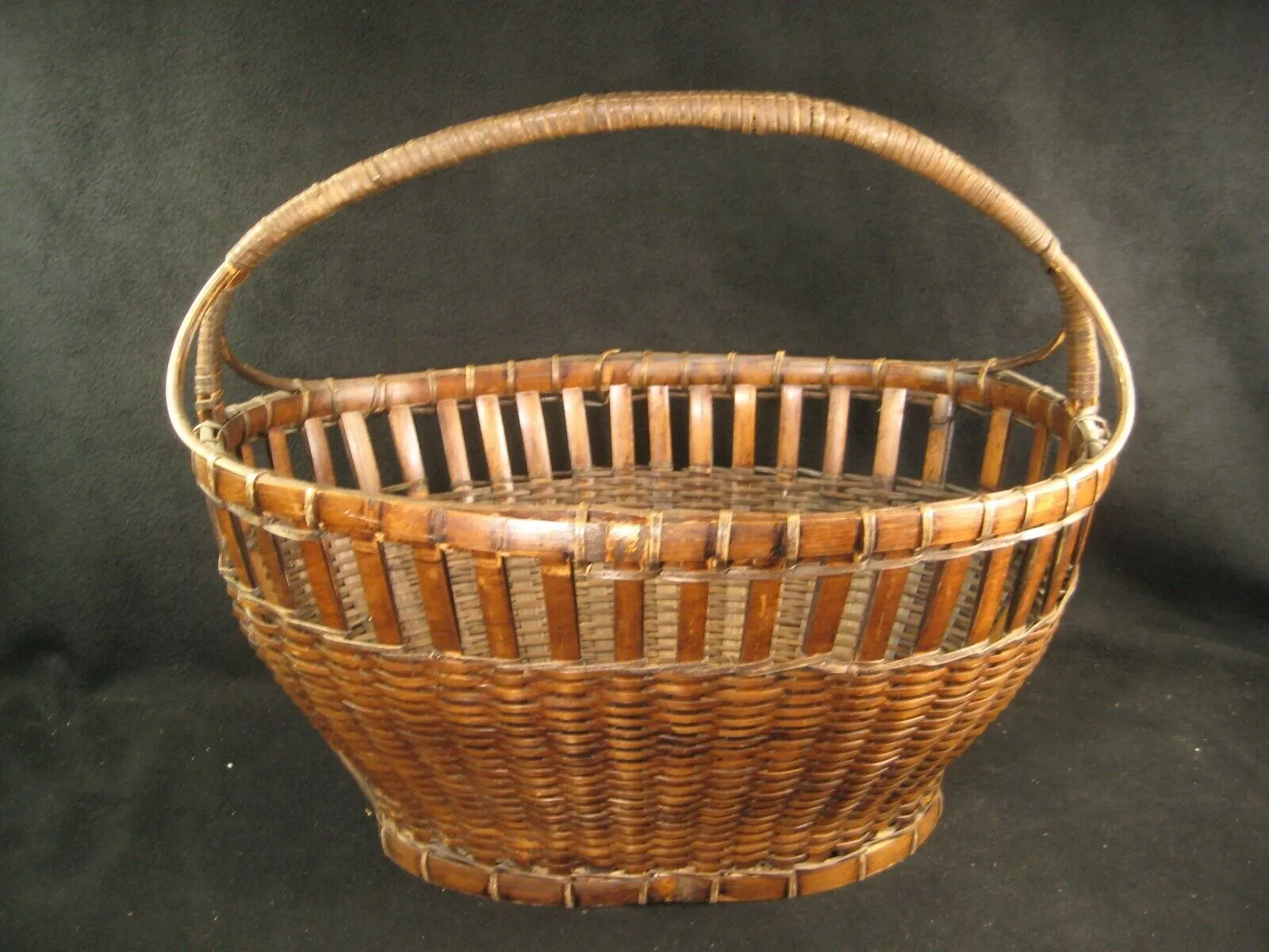 Antique Japanese Taisho (C1920) Hand Made Bamboo Basket Kago With Handle