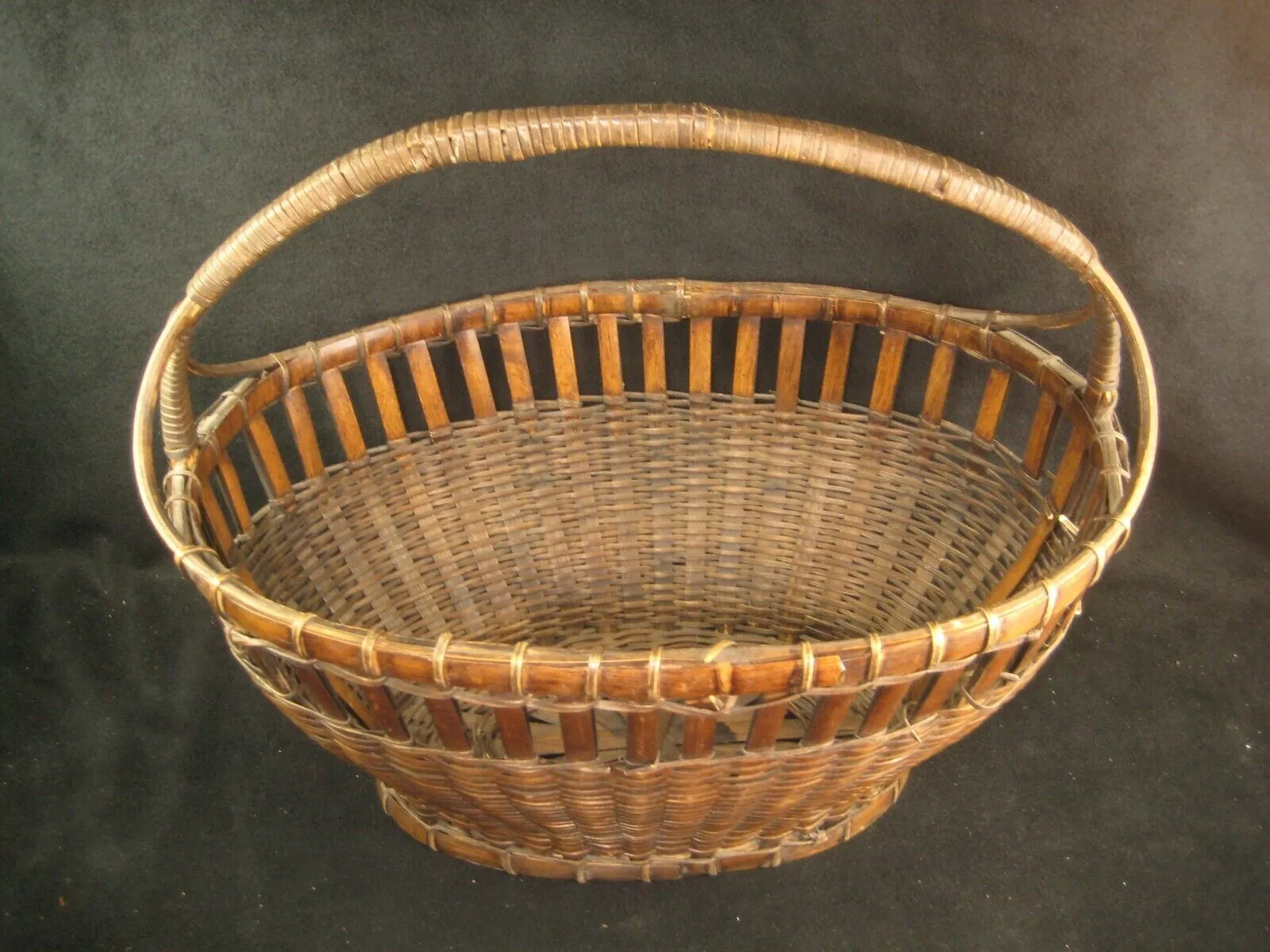 Antique Japanese Taisho (C1920) Hand Made Bamboo Basket Kago With Handle