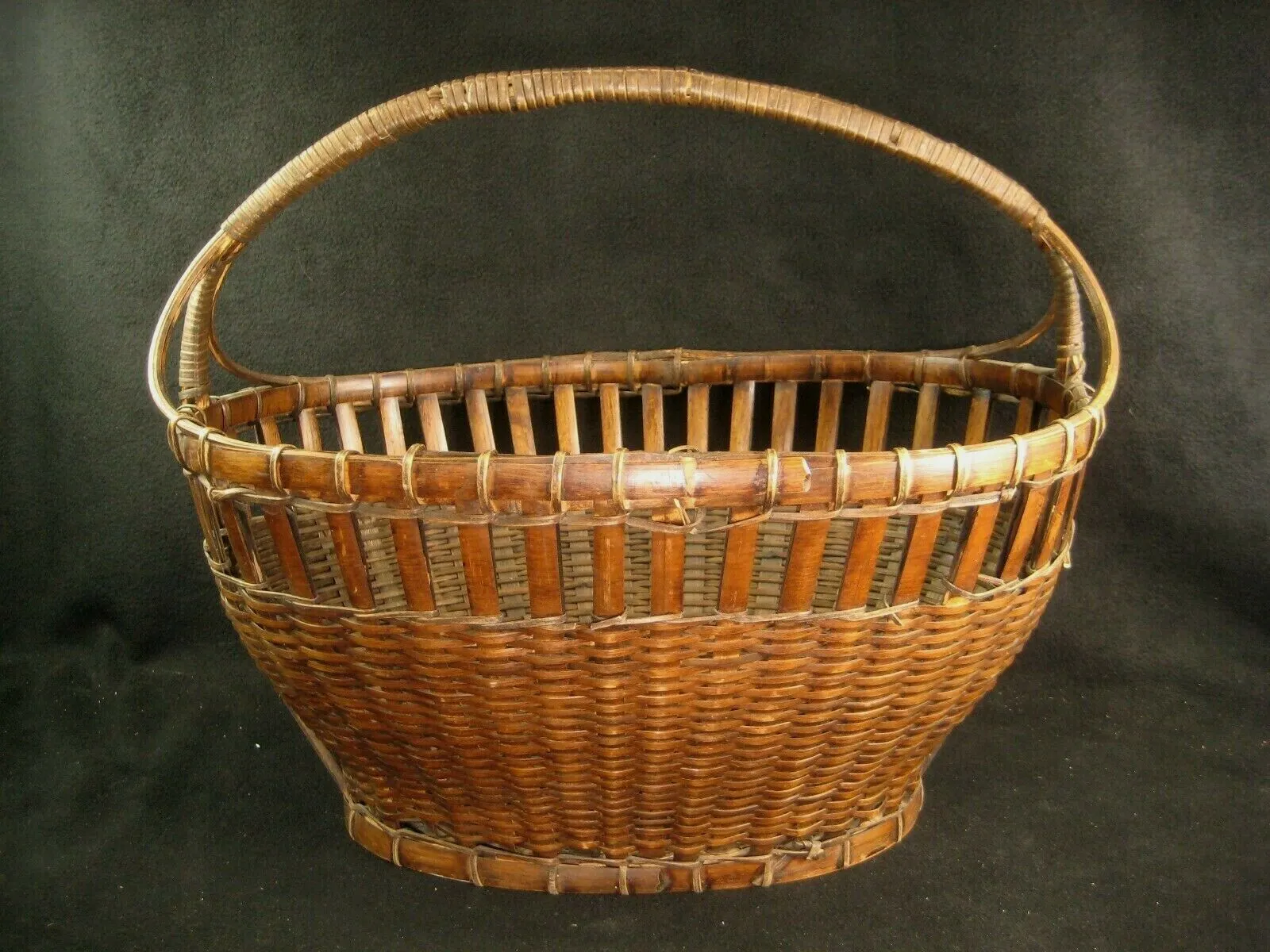 Antique Japanese Taisho (C1920) Hand Made Bamboo Basket Kago With Handle