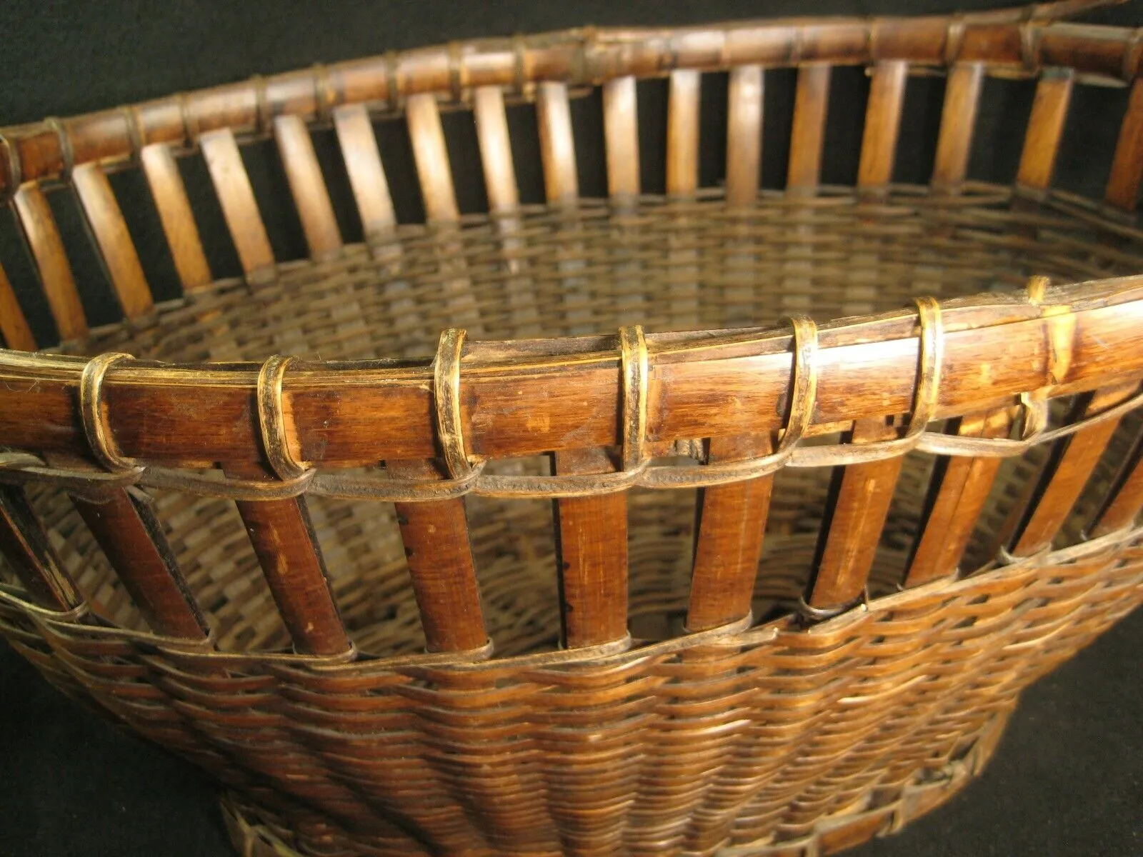 Antique Japanese Taisho (C1920) Hand Made Bamboo Basket Kago With Handle