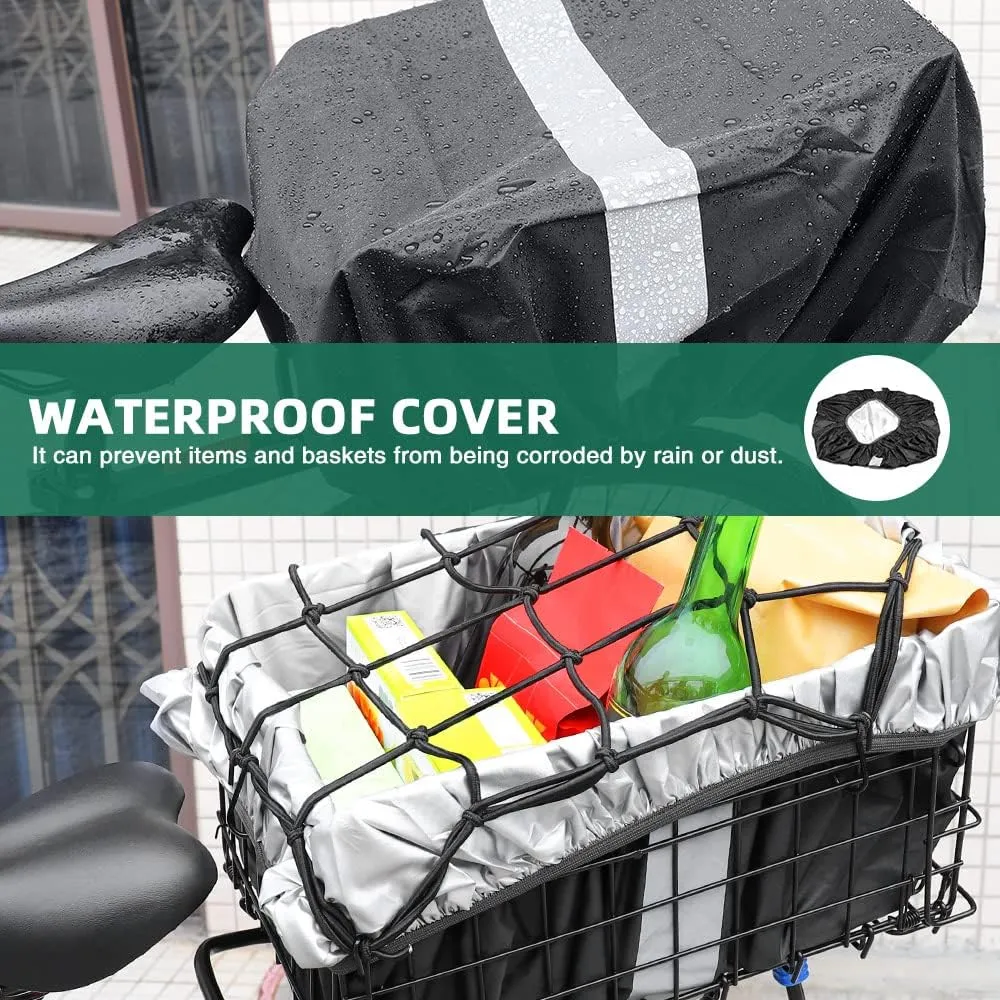 ANZOME Rear Bike Basket, Waterproof Metal Wire Bicycle Basket with Adjustable Cargo Net and Waterproof Rainproof Cover Fits to Most Rear Bike Racks