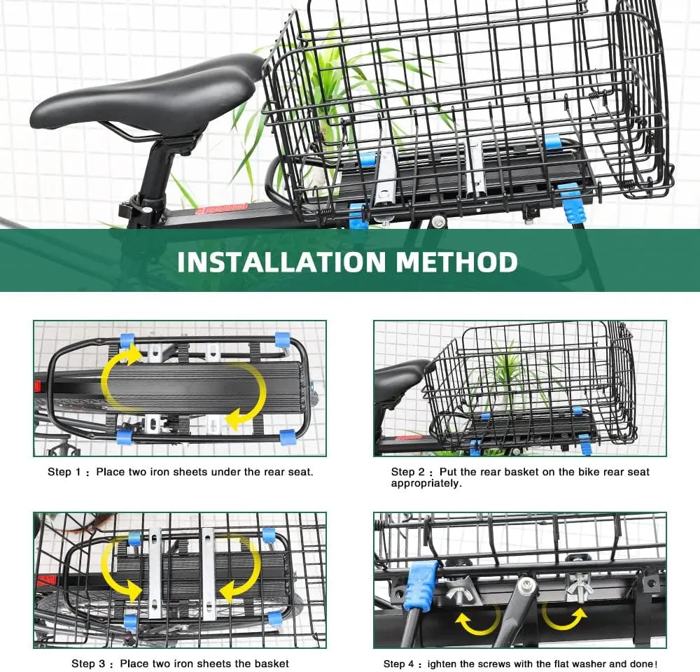 ANZOME Rear Bike Basket, Waterproof Metal Wire Bicycle Basket with Adjustable Cargo Net and Waterproof Rainproof Cover Fits to Most Rear Bike Racks