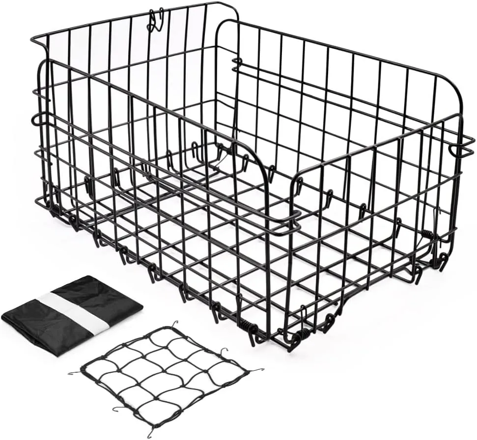 ANZOME Rear Bike Basket, Waterproof Metal Wire Bicycle Basket with Adjustable Cargo Net and Waterproof Rainproof Cover Fits to Most Rear Bike Racks