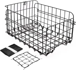ANZOME Rear Bike Basket, Waterproof Metal Wire Bicycle Basket with Adjustable Cargo Net and Waterproof Rainproof Cover Fits to Most Rear Bike Racks