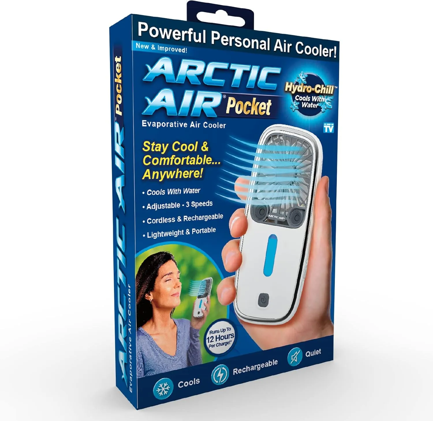 Arctic Air Pocket Small Portable Fan, Powerful, Personal Air Cooler with 3 Adjustable Speeds, 12-Hour Battery Life, Hand Fan for Indoor and Outdoor Use