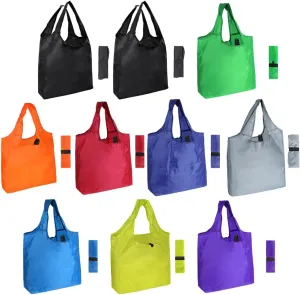 Aricsen 10 Pack Durable Colorful Folding Reusable Grocery Bags Handles Bulk Strong, Recycle Shopping Foldable Lightweight Kitchen Large Washable Pocket Nylon, Polyester Color Cloth Fabric