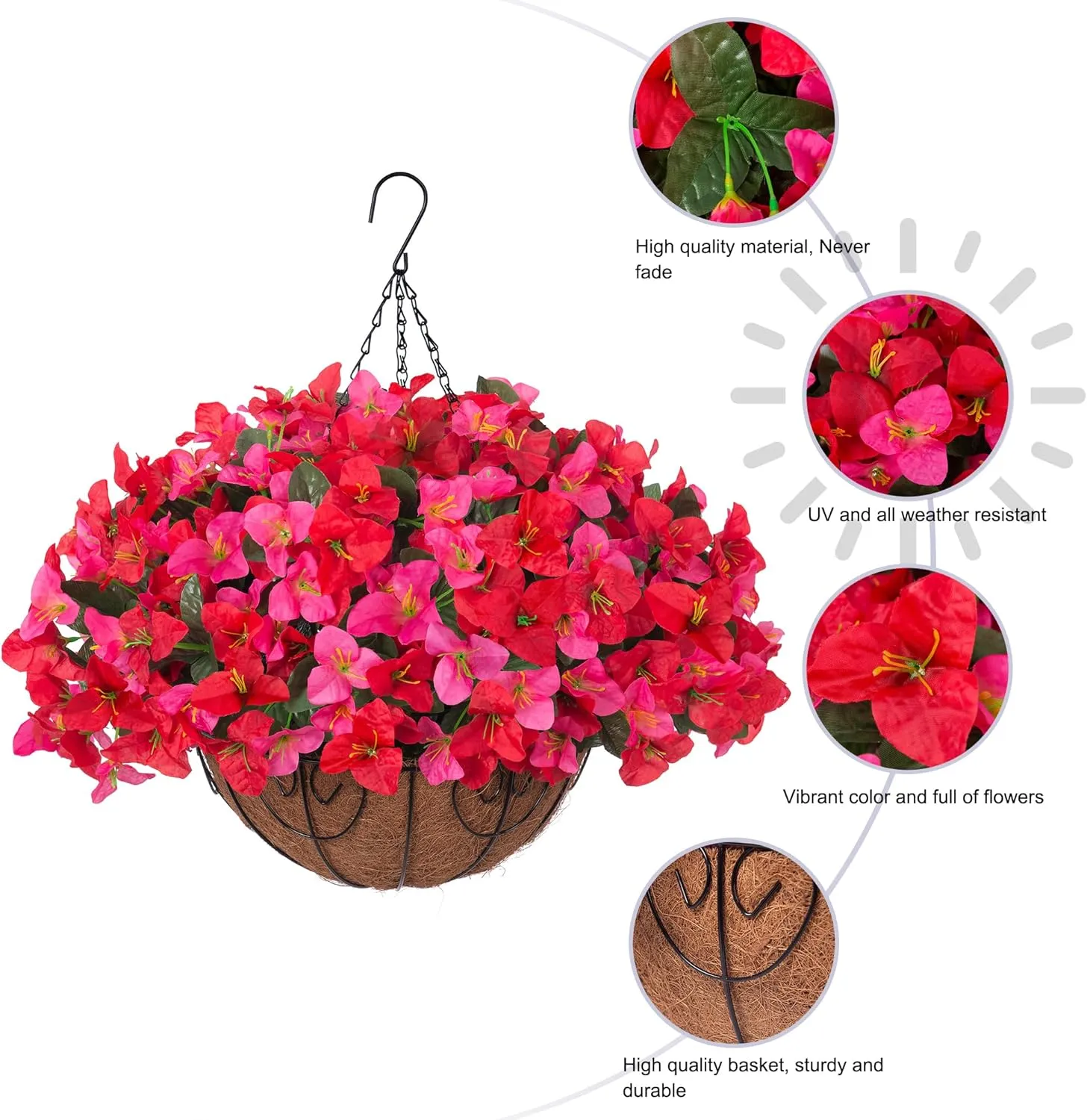 Artificial Fake Hanging Flowers Plants Basket for Outdoors Decoration, Faux Silk Bougainvillea Flowers in Planter Look Real UV Resistant Faux Flower for Porch Home Patio Garden Yard (HotpinkRed)