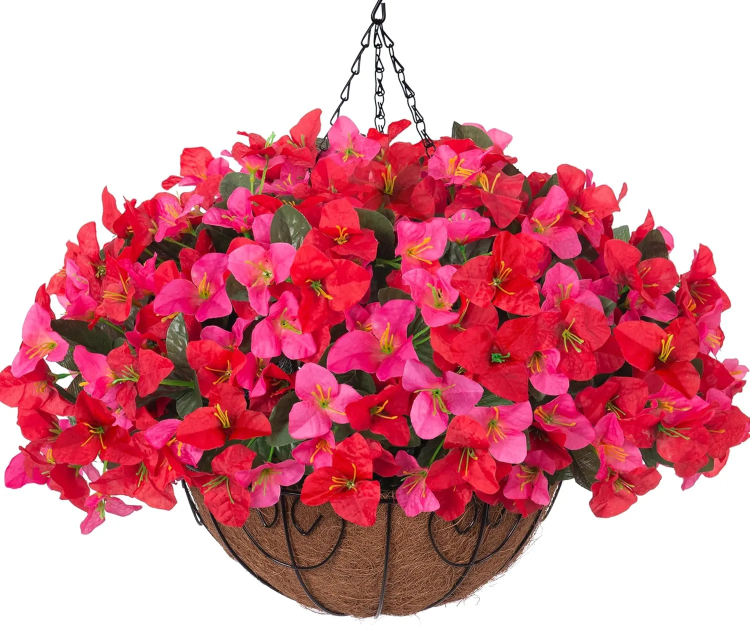 Artificial Fake Hanging Flowers Plants Basket for Outdoors Decoration, Faux Silk Bougainvillea Flowers in Planter Look Real UV Resistant Faux Flower for Porch Home Patio Garden Yard (HotpinkRed)