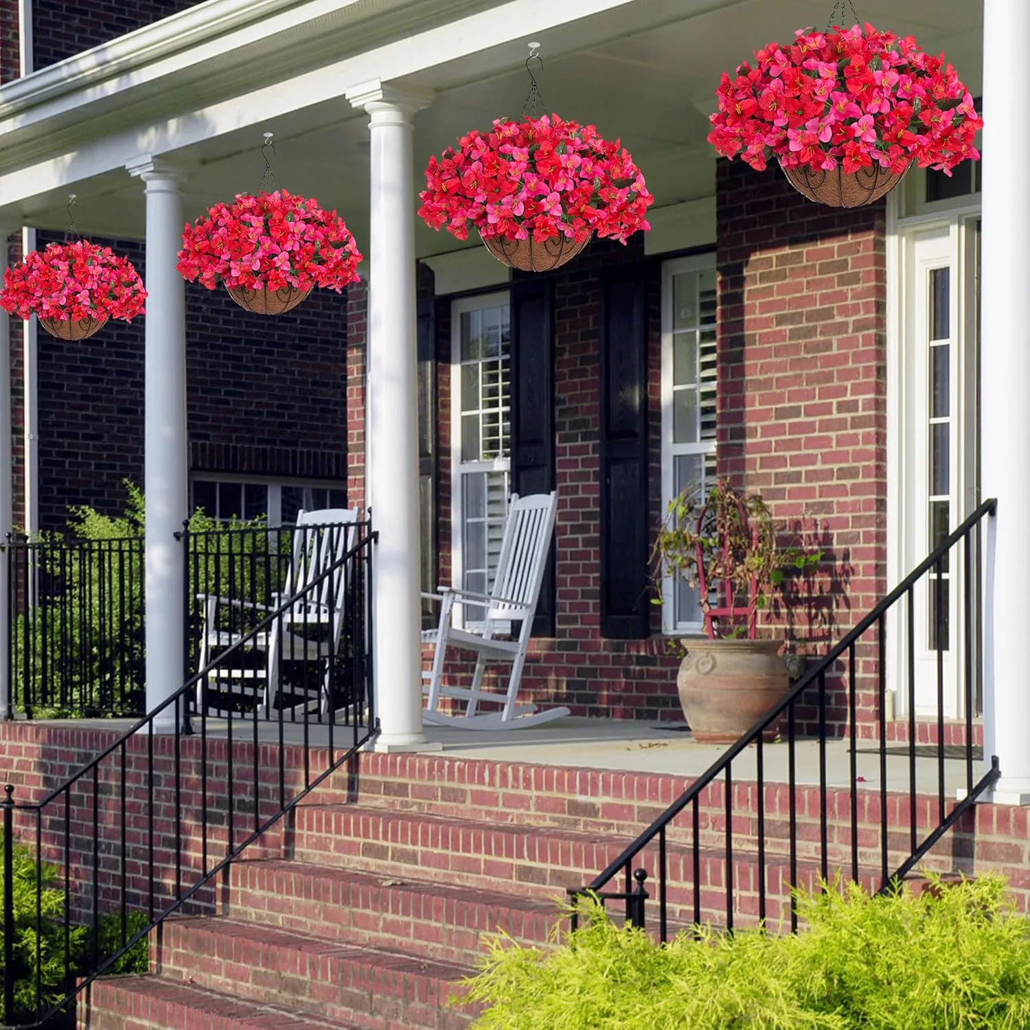 Artificial Fake Hanging Flowers Plants Basket for Outdoors Decoration, Faux Silk Bougainvillea Flowers in Planter Look Real UV Resistant Faux Flower for Porch Home Patio Garden Yard (HotpinkRed)