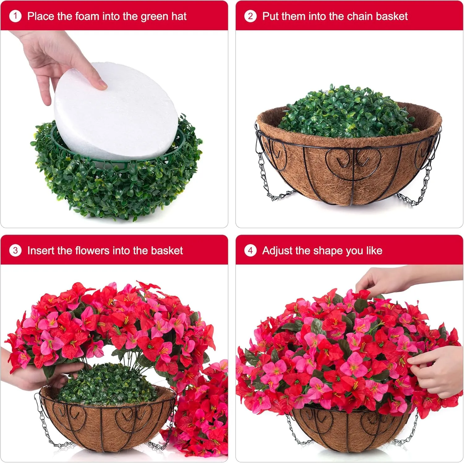 Artificial Fake Hanging Flowers Plants Basket for Outdoors Decoration, Faux Silk Bougainvillea Flowers in Planter Look Real UV Resistant Faux Flower for Porch Home Patio Garden Yard (HotpinkRed)