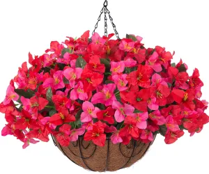 Artificial Fake Hanging Flowers Plants Basket for Outdoors Decoration, Faux Silk Bougainvillea Flowers in Planter Look Real UV Resistant Faux Flower for Porch Home Patio Garden Yard (HotpinkRed)