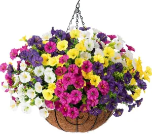 Artificial Faux Hanging Flowers Plants Baskets for Outdoor Spring Summer Decoration, Fake Silk Morning Glory in Planter UV Resistant Realistic for Outside Porch Patio Balcony Garden Yard