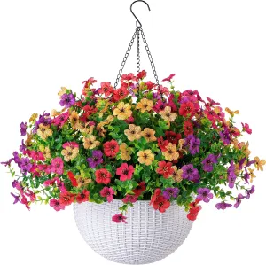 Artificial Faux Hanging Plants Flowers Basket for Outdoor Outside Spring Summer Decoration, Fake Silk UV Sun Resistant Realistic Colorful Daisy for Porch Patio Balcony Home