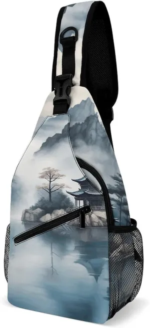 Asian Landscape Painting Crossbody Sling Bag for Women Men Sling Backpack Travel Chest Bag Pack Man Purse Shoulder Bags Daypack for Travel Hiking Cycling