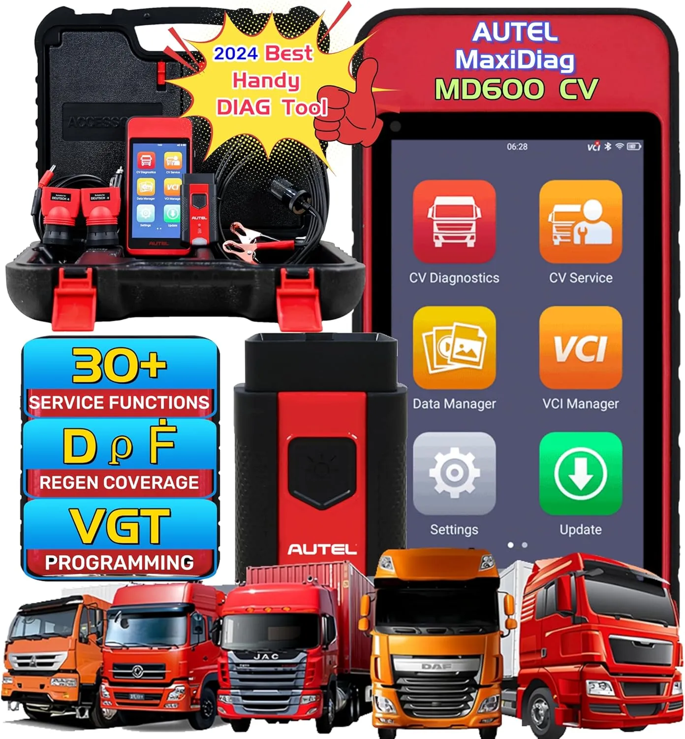 Autel MaxiDiag MD600CV 2024 Handy Truck Diagnostics Tool, It is a Handheld Wireless Android Touchscreen Tablet for Truck, Light Medium and Heavy Duty Truck Vehicle Diagnostics and Service