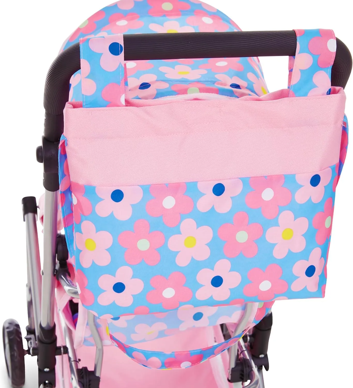 Baby Doll Double Stroller, Twin Buggy Carriage Pretend Play for Girls Kids Toddlers 27 Inches High Rotating Wheels Storage Basket Diaper Bag Blue