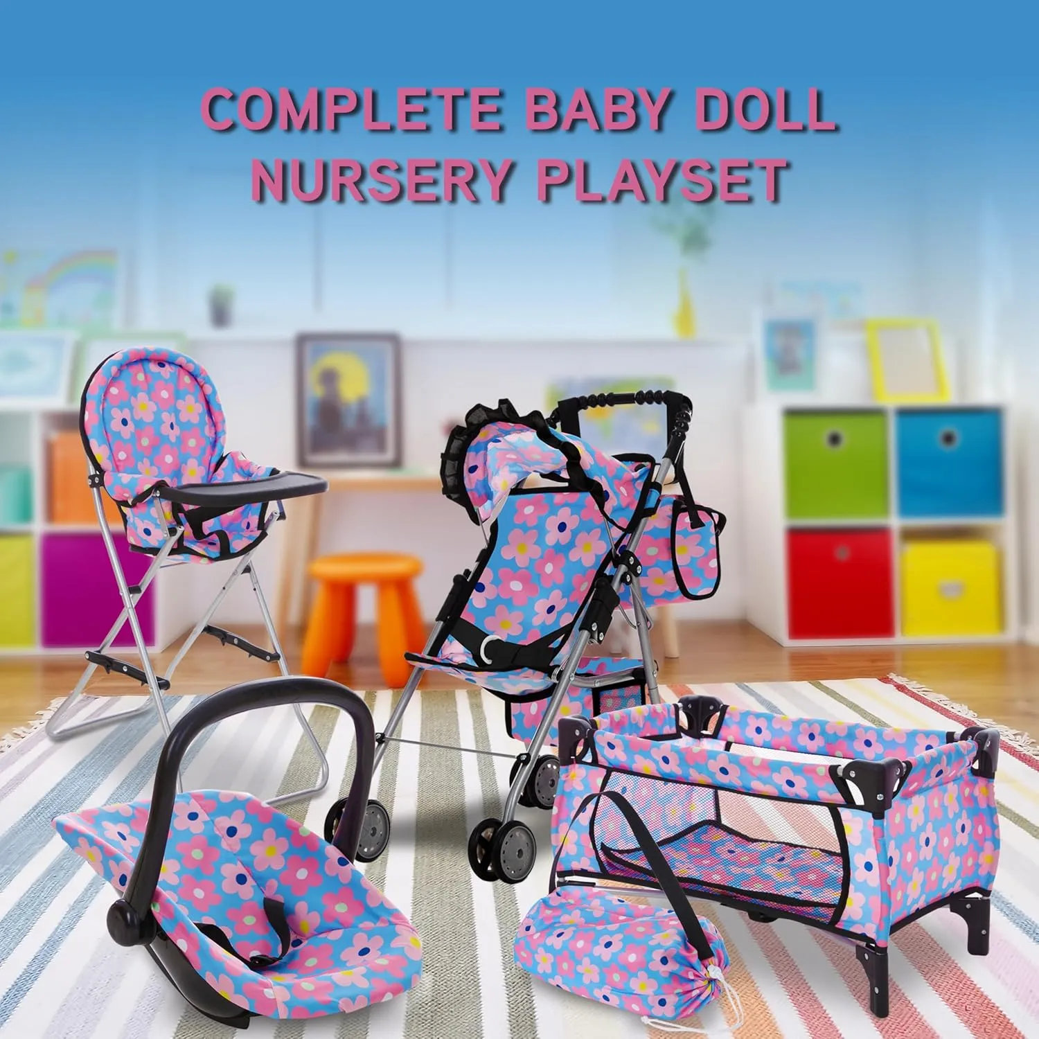 Baby Doll Stroller Bed and Seat Nursery Playset, Baby Doll Accessories Furniture Set High Chair Diaper Bag Role Play Deluxe Baby Doll Blue Set