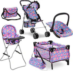 Baby Doll Stroller Bed and Seat Nursery Playset, Baby Doll Accessories Furniture Set High Chair Diaper Bag Role Play Deluxe Baby Doll Blue Set