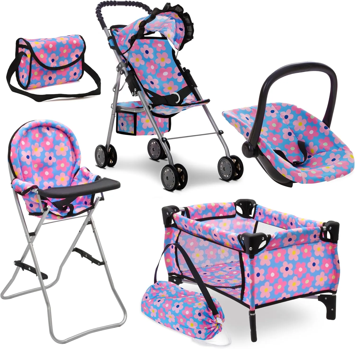 Baby Doll Stroller Bed and Seat Nursery Playset, Baby Doll Accessories Furniture Set High Chair Diaper Bag Role Play Deluxe Baby Doll Blue Set
