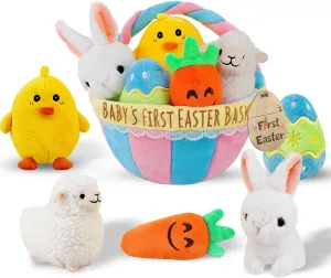 Baby's First Personalized Easter Basket Stuffers Playset, 6ct Stuffed Plush Bunny Chick Carrot Egg Sheep for Girls Boys Infant Toddler, Easter Decorations Gifts Party Supplies