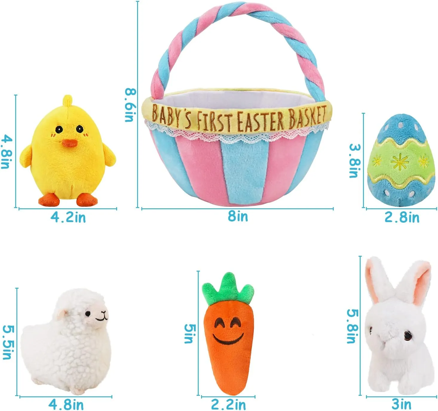 Baby's First Personalized Easter Basket Stuffers Playset, 6ct Stuffed Plush Bunny Chick Carrot Egg Sheep for Girls Boys Infant Toddler, Easter Decorations Gifts Party Supplies