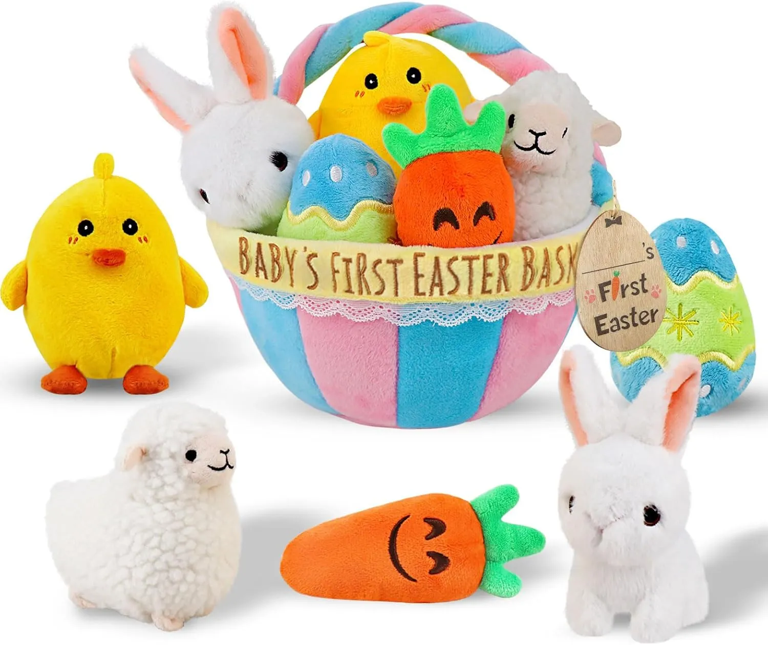 Baby's First Personalized Easter Basket Stuffers Playset, 6ct Stuffed Plush Bunny Chick Carrot Egg Sheep for Girls Boys Infant Toddler, Easter Decorations Gifts Party Supplies
