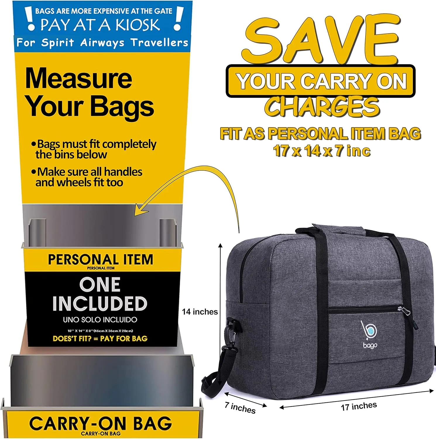Bago Personal Item Travel Bag For Airlines - Fits As 18x14x8 inches Travel Bag Spirit & Frontier Airlines - Foldable Duffle Bag For Travel - Personal Item Bag Small Carry On Bag For Air Travel