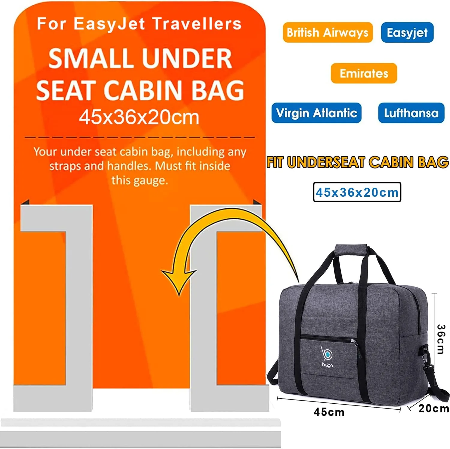 Bago Personal Item Travel Bag For Airlines - Fits As 18x14x8 inches Travel Bag Spirit & Frontier Airlines - Foldable Duffle Bag For Travel - Personal Item Bag Small Carry On Bag For Air Travel
