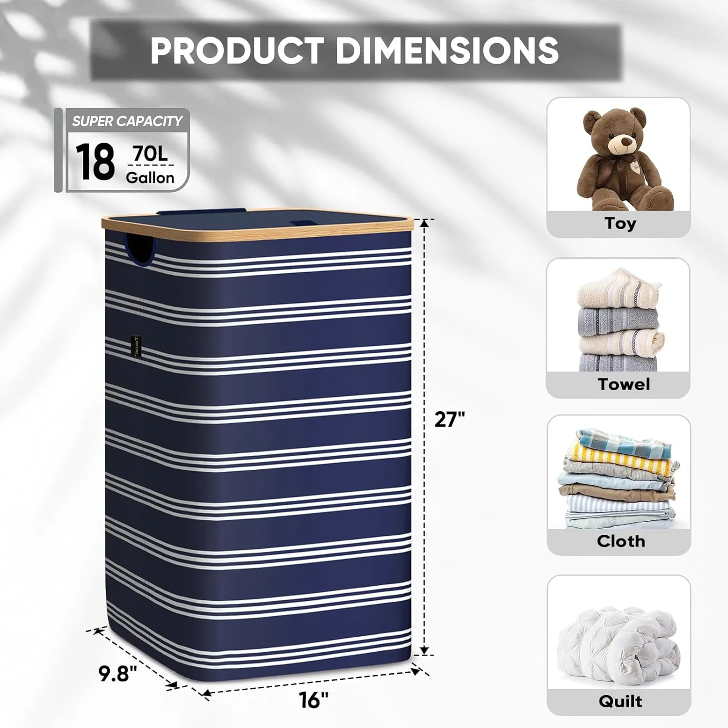 BALEINE Laundry Hamper with Lid, Tall Laundry Baskets with Bamboo Pull Handles, Large Laundry Bin with Internal Support (18 Gal/70L, Blue Pinstripe)