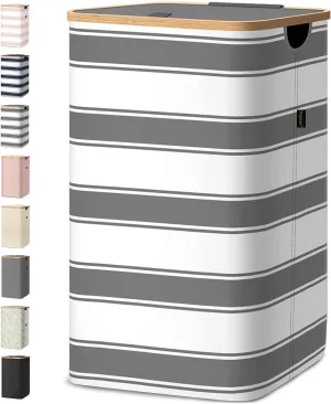 BALEINE Laundry Hamper with Lid, Tall Laundry Baskets with Bamboo Pull Handles, Large Laundry Bin with Internal Support (26 Gal/100L, Grey Stripe)