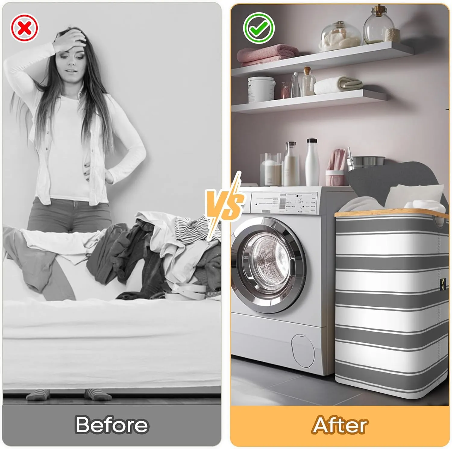 BALEINE Laundry Hamper with Lid, Tall Laundry Baskets with Bamboo Pull Handles, Large Laundry Bin with Internal Support (26 Gal/100L, Grey Stripe)