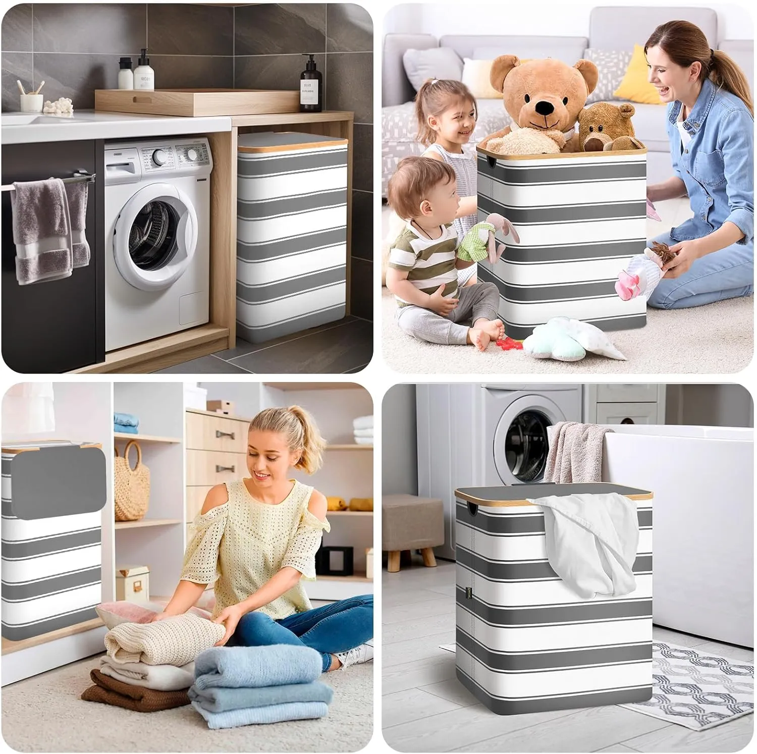 BALEINE Laundry Hamper with Lid, Tall Laundry Baskets with Bamboo Pull Handles, Large Laundry Bin with Internal Support (26 Gal/100L, Grey Stripe)