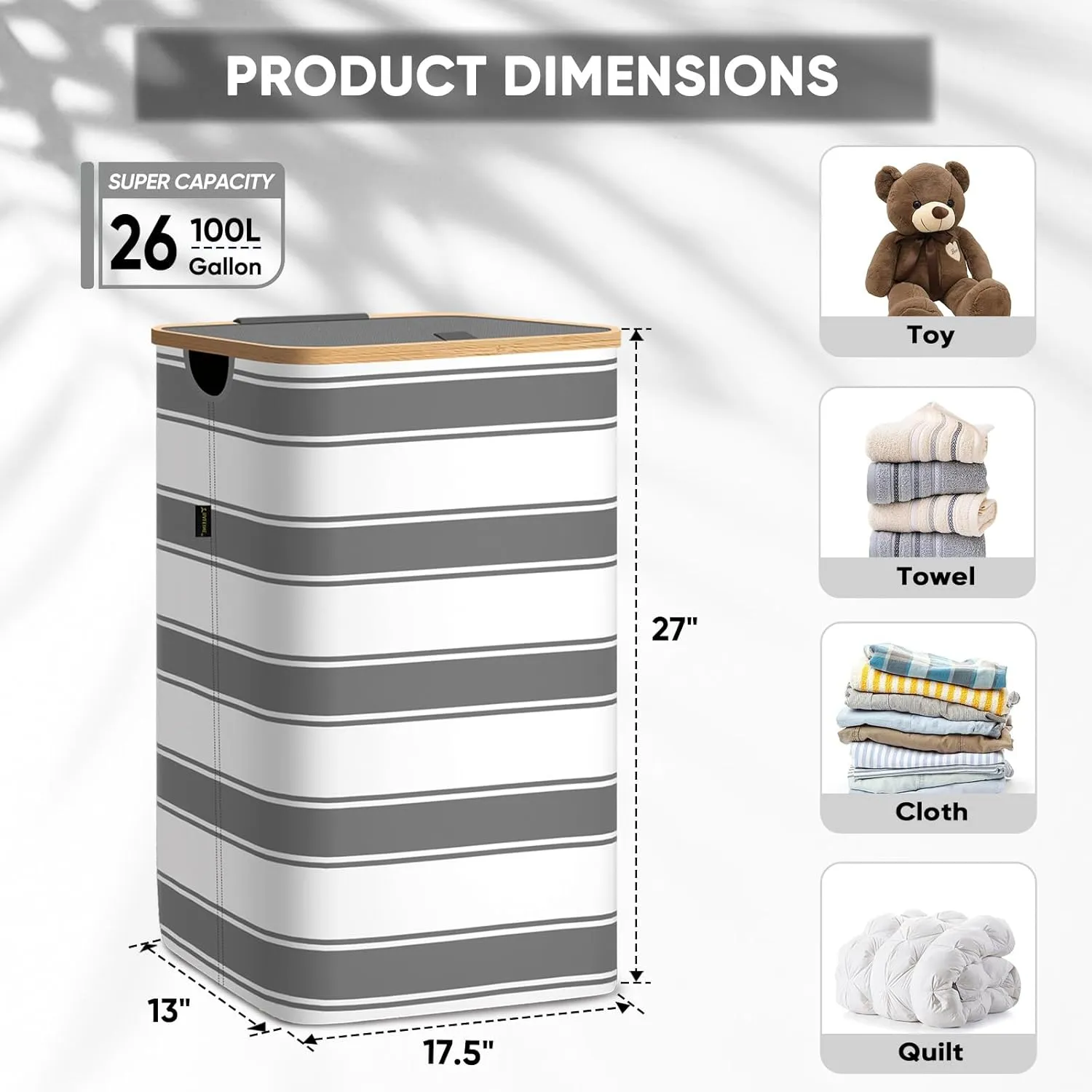 BALEINE Laundry Hamper with Lid, Tall Laundry Baskets with Bamboo Pull Handles, Large Laundry Bin with Internal Support (26 Gal/100L, Grey Stripe)