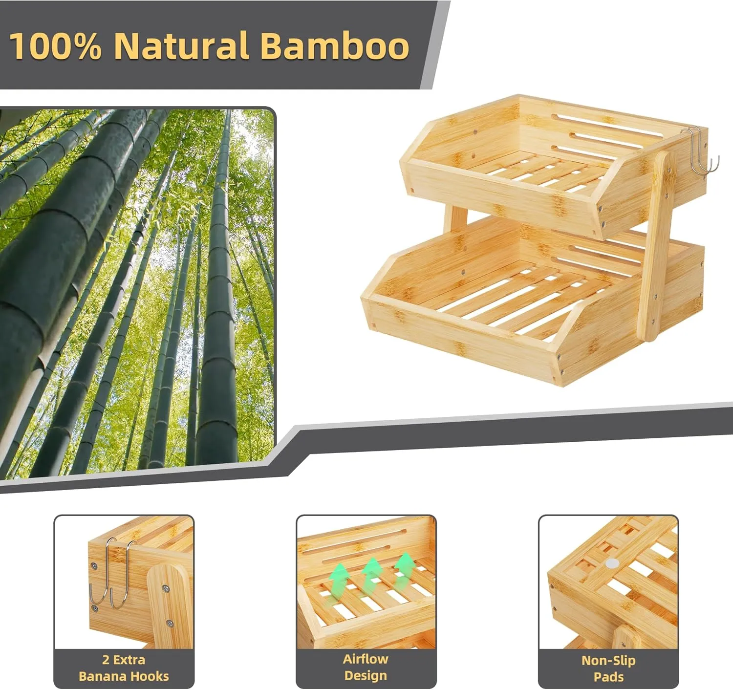 Bamboo 2 Tier Fruit Basket With Two Banana Hook, Fruit And Vegetables Basket, Large Capacity Wood Fruit Bowls, Fruit Organizer For Kitchen Counter, Onion Storage, Bread Pantry (Bamboo)