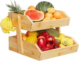 Bamboo 2 Tier Fruit Basket With Two Banana Hook, Fruit And Vegetables Basket, Large Capacity Wood Fruit Bowls, Fruit Organizer For Kitchen Counter, Onion Storage, Bread Pantry (Bamboo)