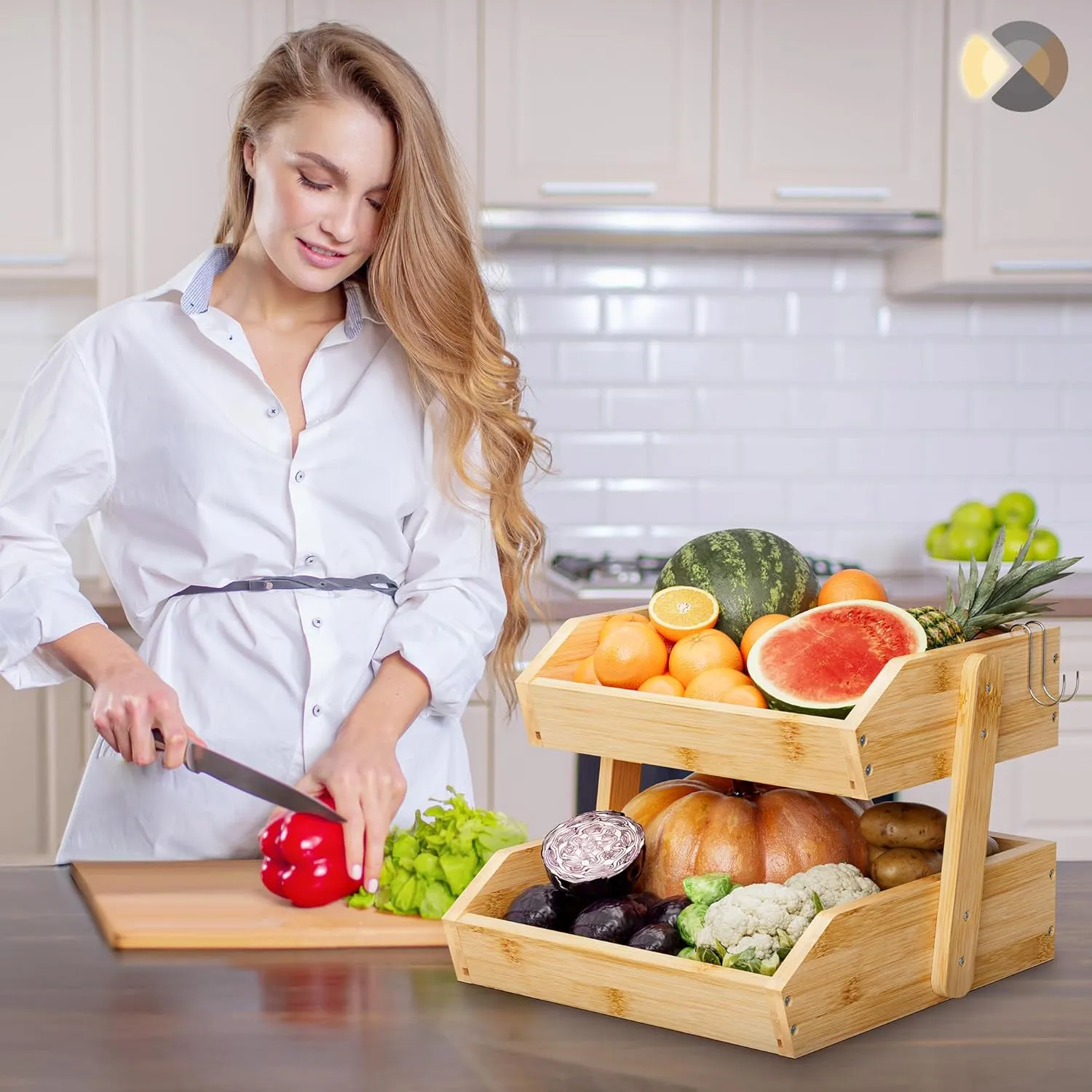 Bamboo 2 Tier Fruit Basket With Two Banana Hook, Fruit And Vegetables Basket, Large Capacity Wood Fruit Bowls, Fruit Organizer For Kitchen Counter, Onion Storage, Bread Pantry (Bamboo)