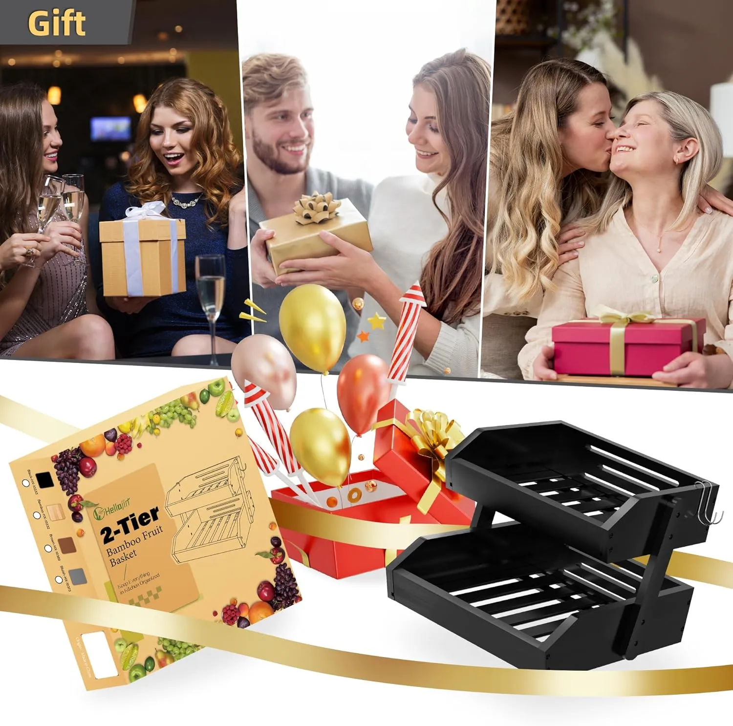 Bamboo 2 Tier Fruit Basket With Two Banana Hook, Fruit And Vegetables Basket, Large Capacity Wood Fruit Bowls, Fruit Organizer For Kitchen Counter, Onion Storage, Bread Pantry (Black)