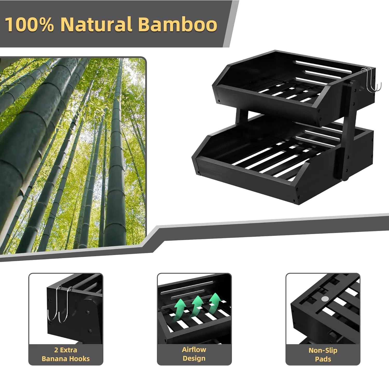 Bamboo 2 Tier Fruit Basket With Two Banana Hook, Fruit And Vegetables Basket, Large Capacity Wood Fruit Bowls, Fruit Organizer For Kitchen Counter, Onion Storage, Bread Pantry (Black)