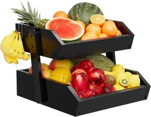 Bamboo 2 Tier Fruit Basket With Two Banana Hook, Fruit And Vegetables Basket, Large Capacity Wood Fruit Bowls, Fruit Organizer For Kitchen Counter, Onion Storage, Bread Pantry (Black)